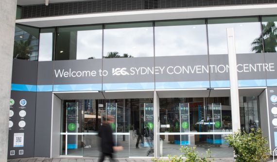 The ceremonial (main) doors to ICC Sydney Convention Centre.