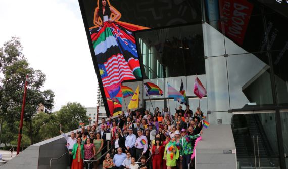 ICC Sydney team members celebrate Sydney WorldPride, outside Aware Super Theatre.