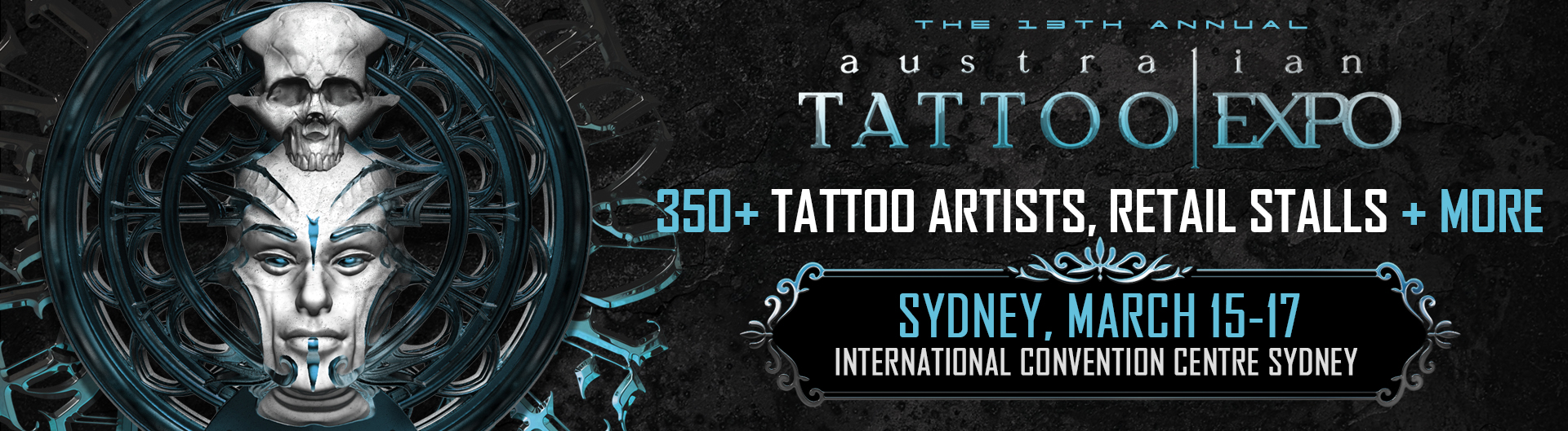 Australian Tattoo Expo is coming to ICC Sydney on 15 to 17 March 2024. Event banner.