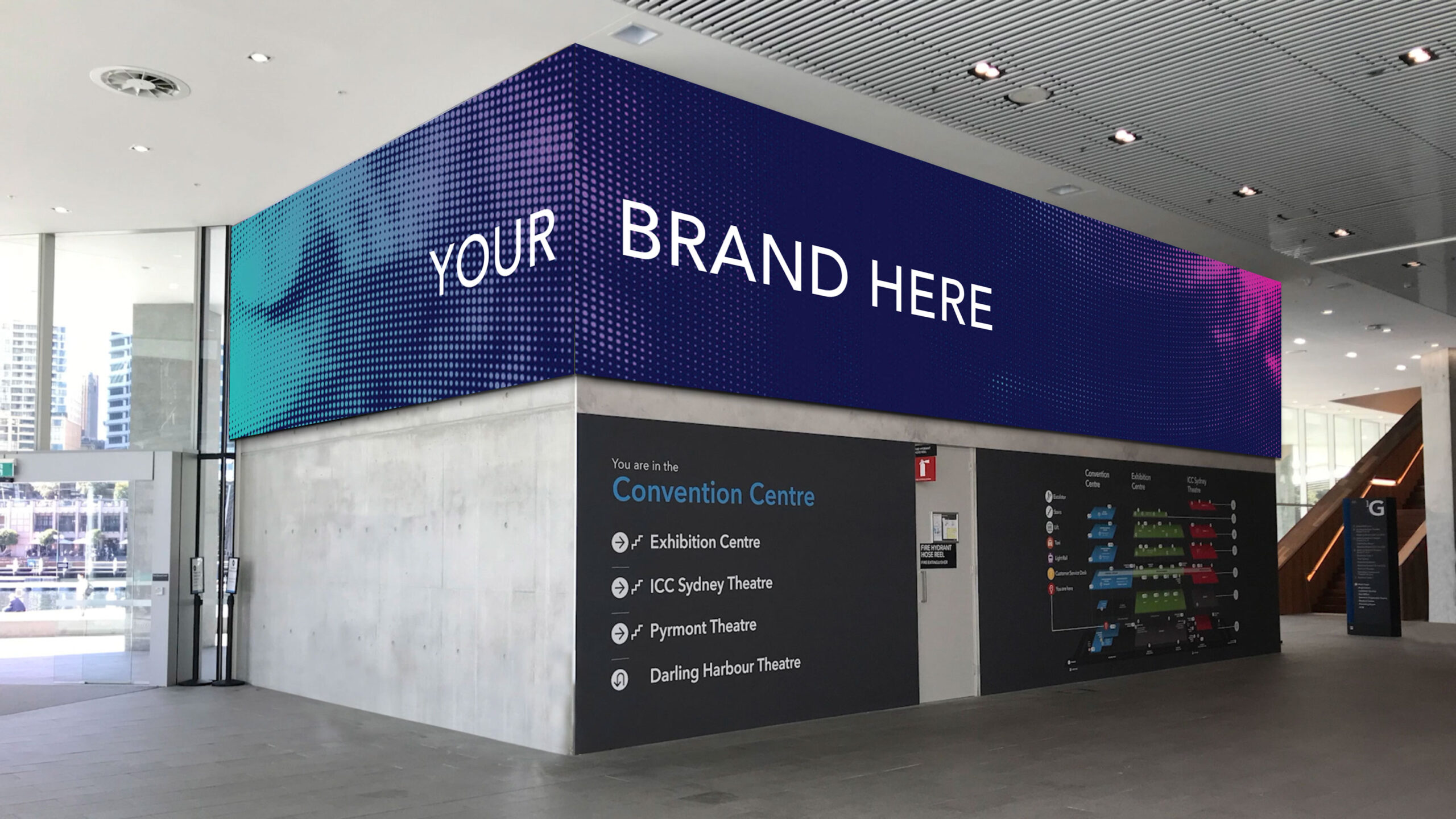 Digital signage opportunity in ICC Sydney Convention Centre foyer.