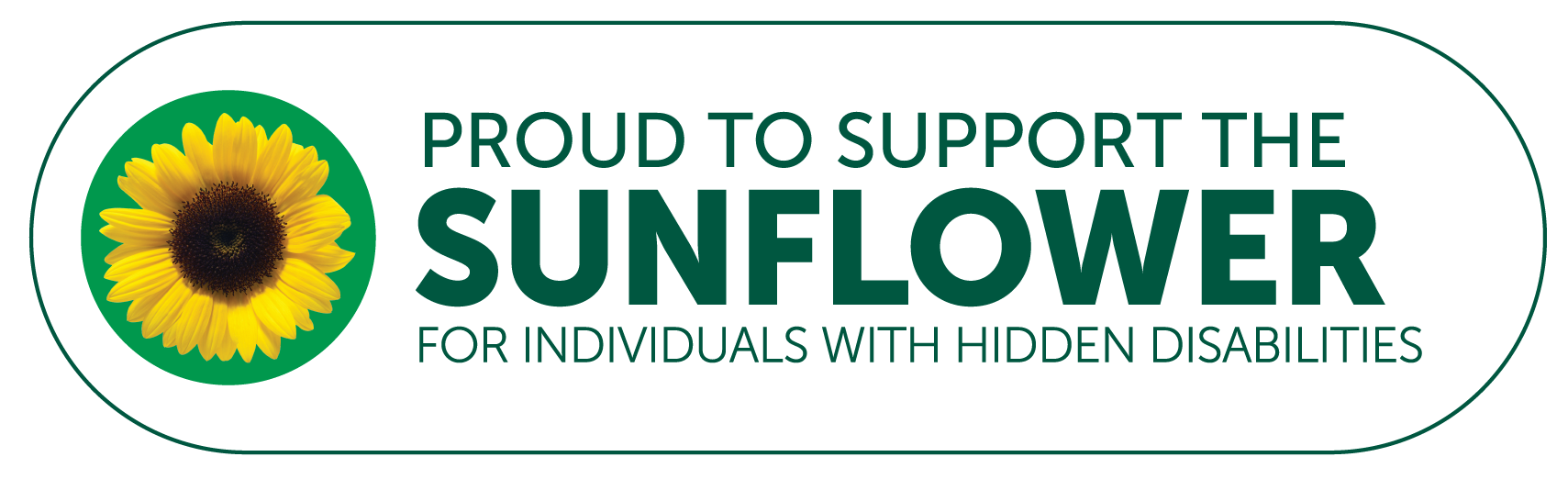 Hidden Disabilities Sunflower logo, proud to support the sunflower for individuals with hidden disabilities.