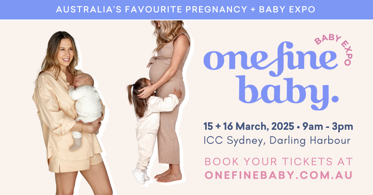 One Fine Baby Expo, 15 and 16 of March at ICC Sydney, Darling Habour. Book your tickets at OneFineBaby.com.au. Picture of a mum holding a baby.