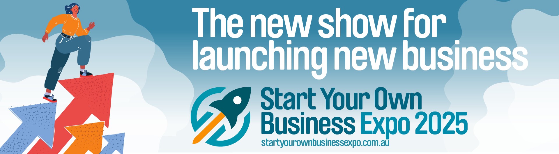 Start your own business expo 2025, the new show for launching new businesses, featuring a person climbing up graphic arrows