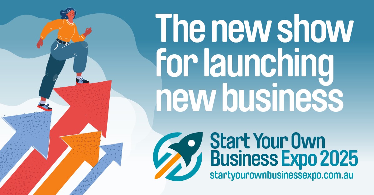 Start your own business expo 2025, the new show for launching new businesses, featuring a person climbing up graphic arrows