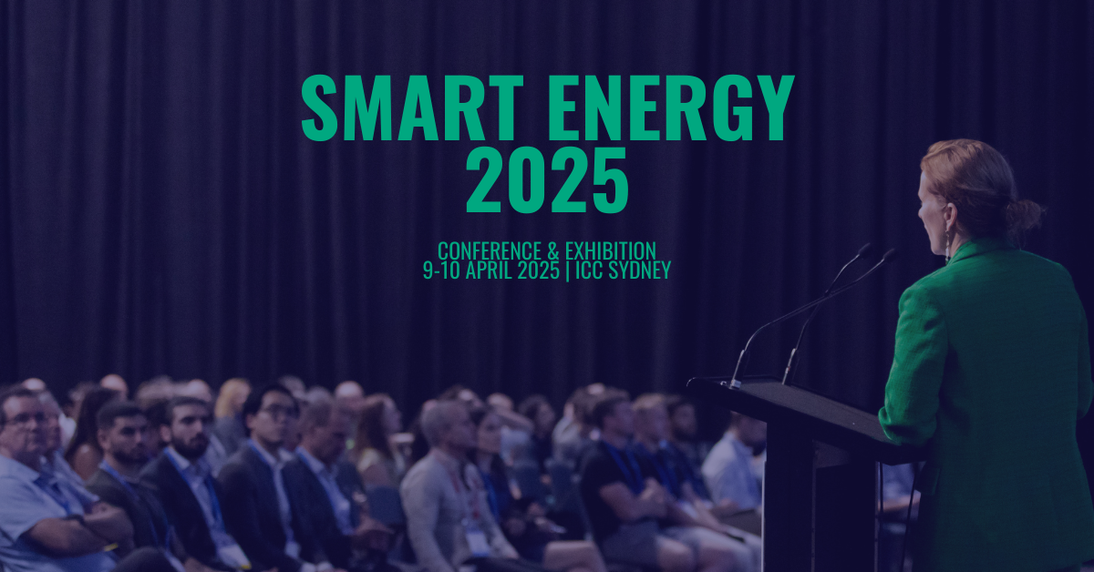 Smart Energy conference and exhibition promo at ICC Sydney, 9 to 10 of April. Image of a woman behind a lecturn speaking to a crowd.