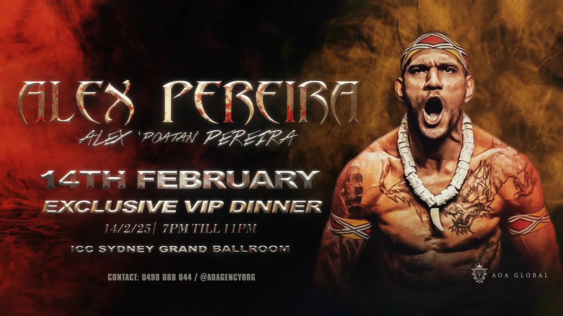 An image of Alex Periera shirtless with a information of his VIP dinner event on the 14th of February on the left.