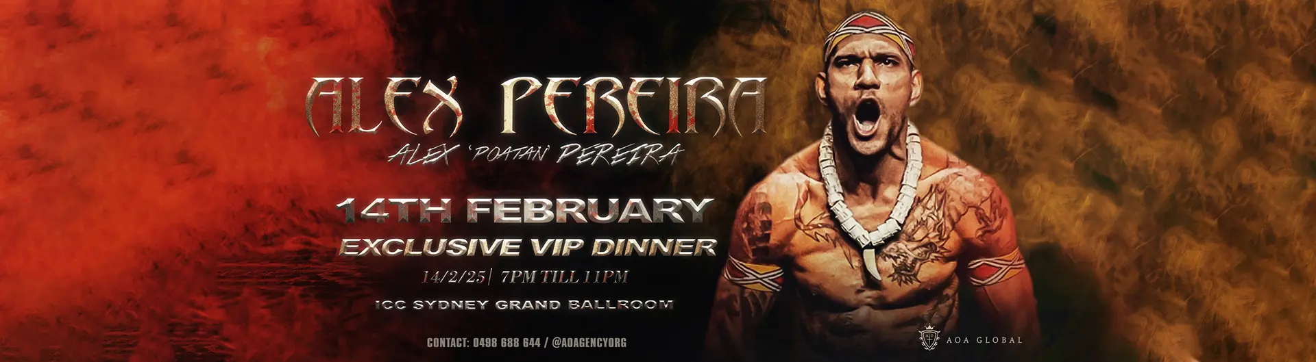 An image of Alex Periera shirtless with a information of his VIP dinner event on the 14th of February on the left.