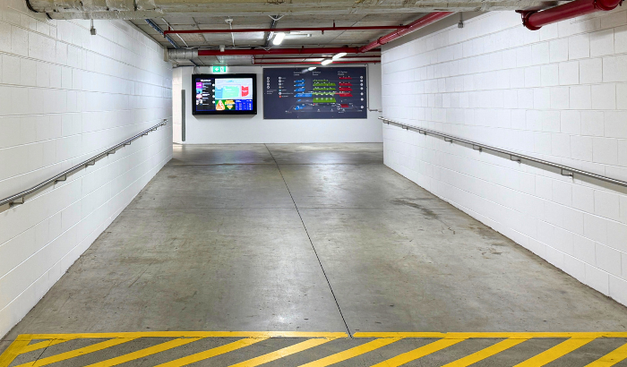 ICC Sydney Exhibition Centre Car Park (P1) underground hallway. 