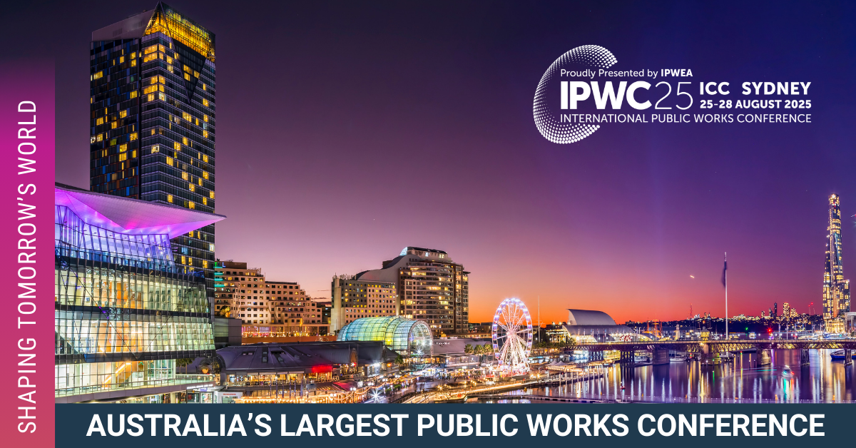 IPWC International public works congress, presented by IPWEA. Picture of cockle bay at night time.